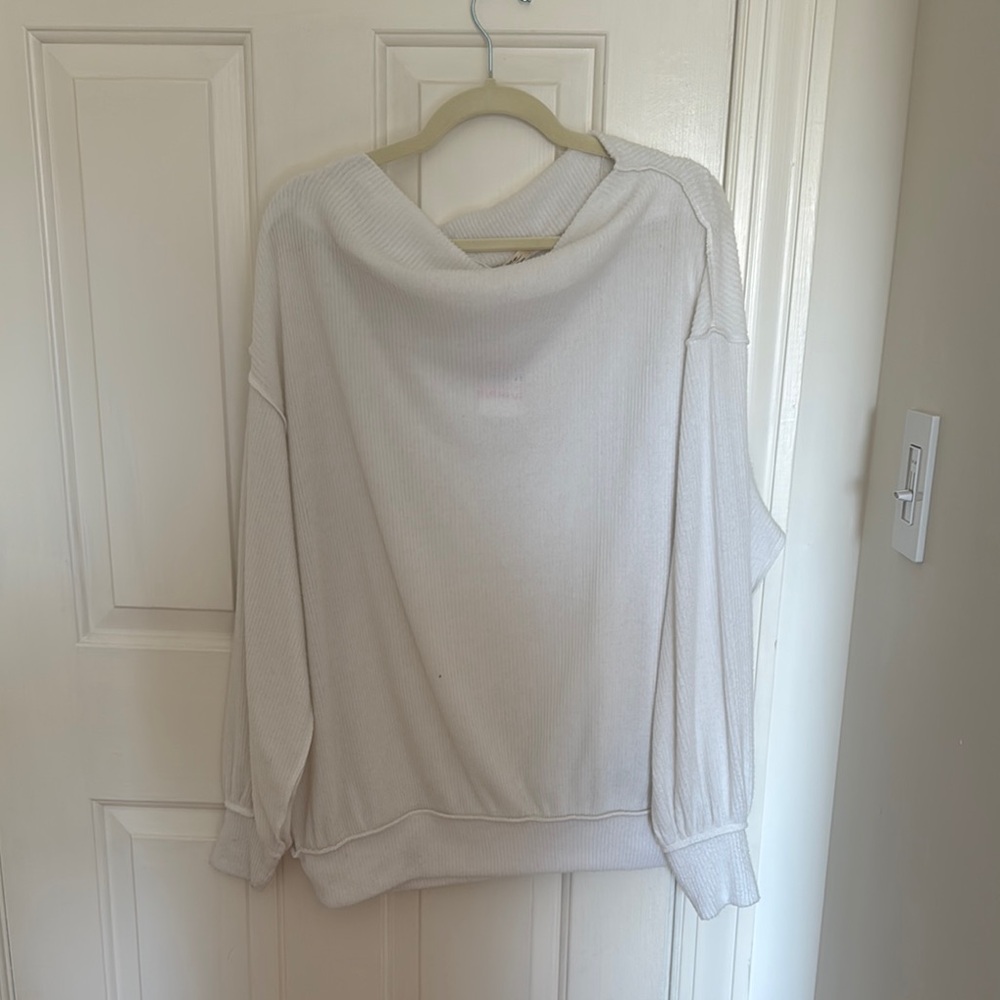 Free People White Off-the-Shoulder Sweater with Relaxed Fit and Cowl Neckline